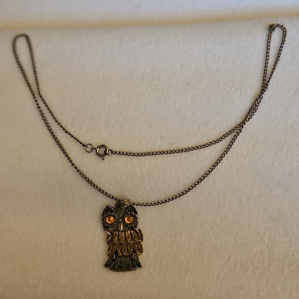 Vintage Jointed Mixed Metal Owl Pendant Chain Necklace - Picture 6 of 6